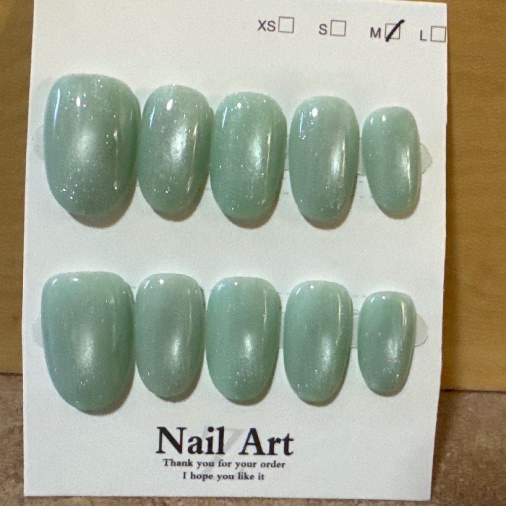 Sage Green Cat Eye Press On Nails Medium Oval Shimmer Velvet Finish 10pc Set